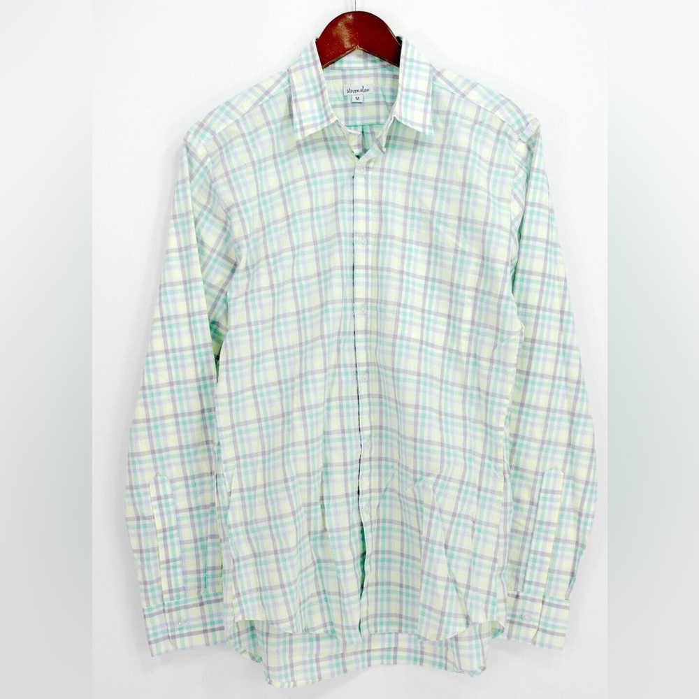 Steven Alan Collar Button Shirt - Teal Neon Yellow Gray Check - XS